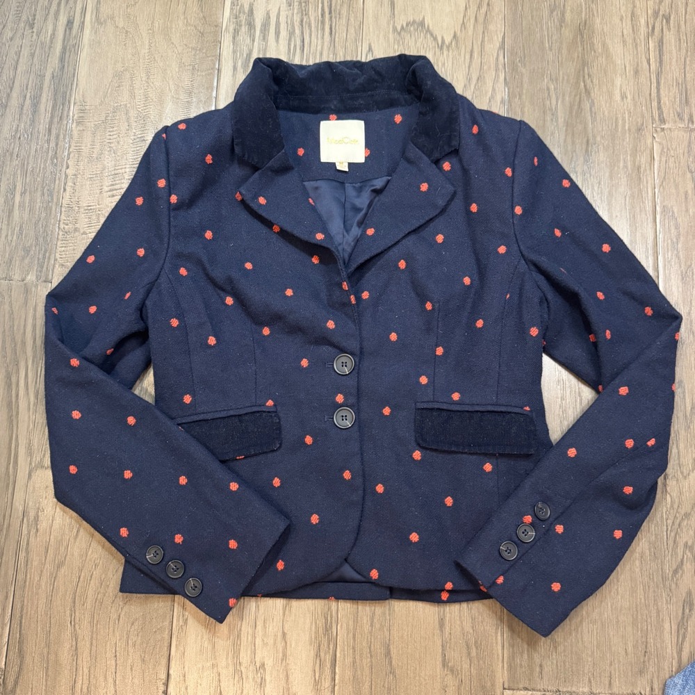 ModCloth Navy Red Polka Dot‎ Blazer Jacket Women's M Corduroy Collar Wool Blend
